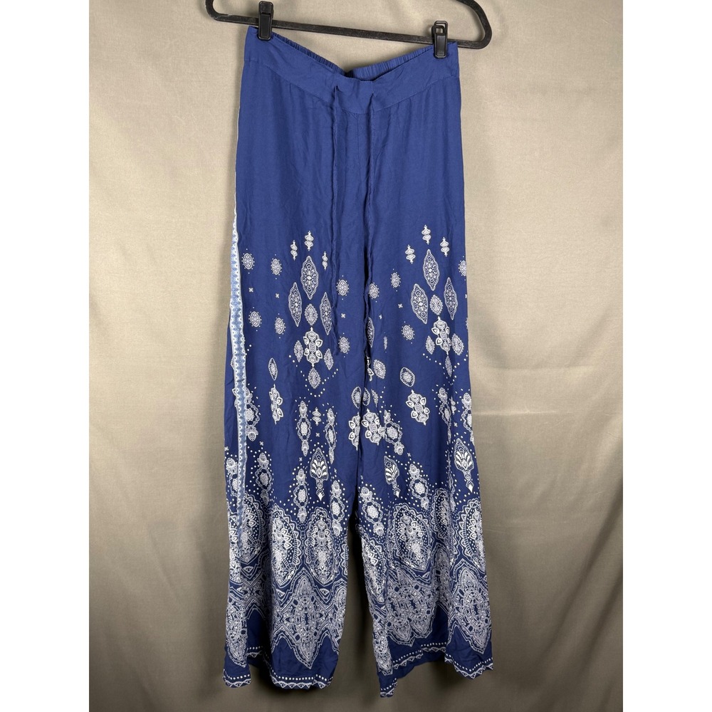 Venus Wide Leg Pants Women Medium Blue Paisley Medallion Boho Drawstring